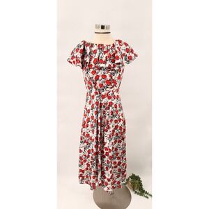 DELFI‎ Collective Floral Midi Dress Womens XS White Red Poppy Ruffle Corset Back